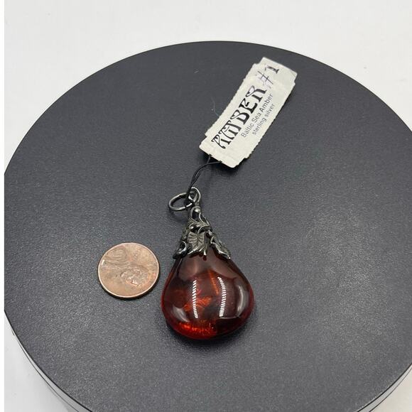 Genuine Dark Baltic Sea Amber Sterling Silver Teardrop Healing Stone Pendant - Picture 2 of 9
